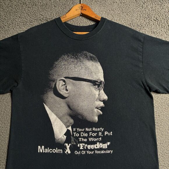 Vintage Y2K Malcolm X By Any Means Necessary Speech T-Shirt Medium Faded Black - Picture 1 of 13